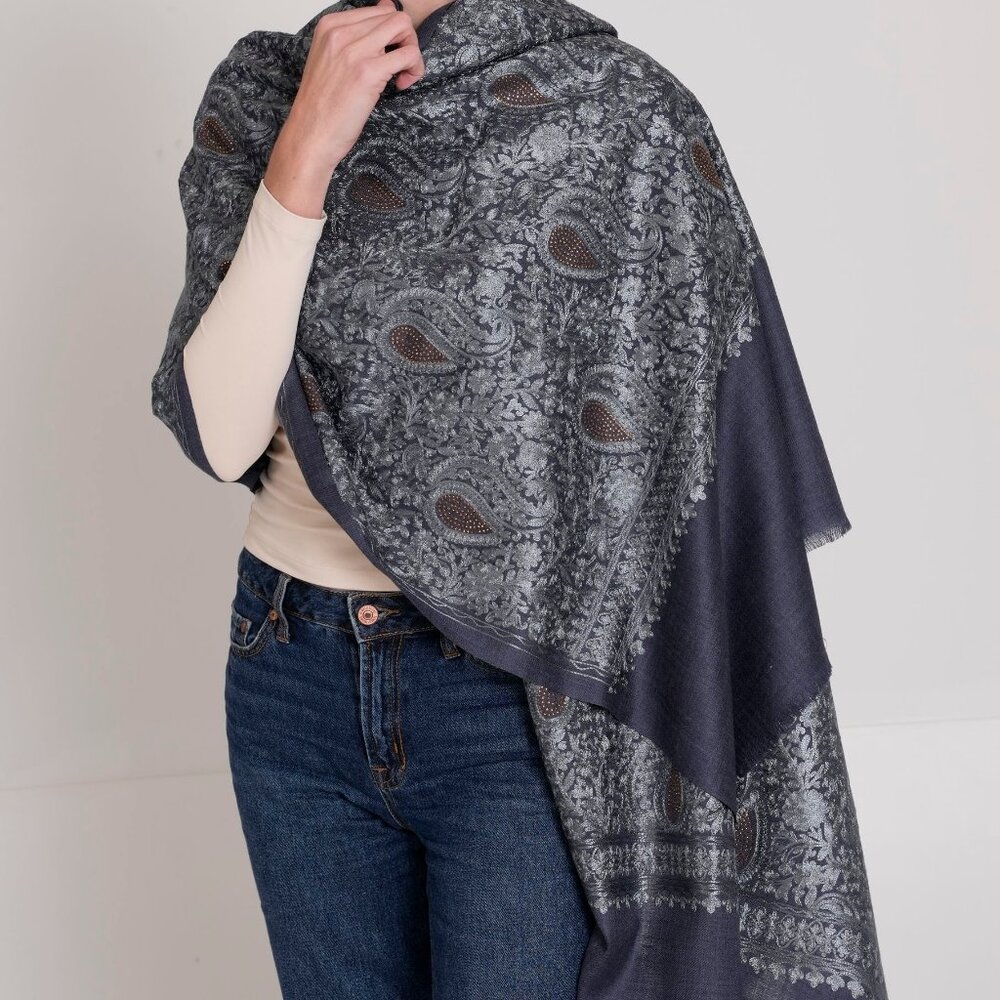 NEW Midnight Graphite Women Scarf-Aari Luxurious Merino Wool Pashmina Blend Wrap
